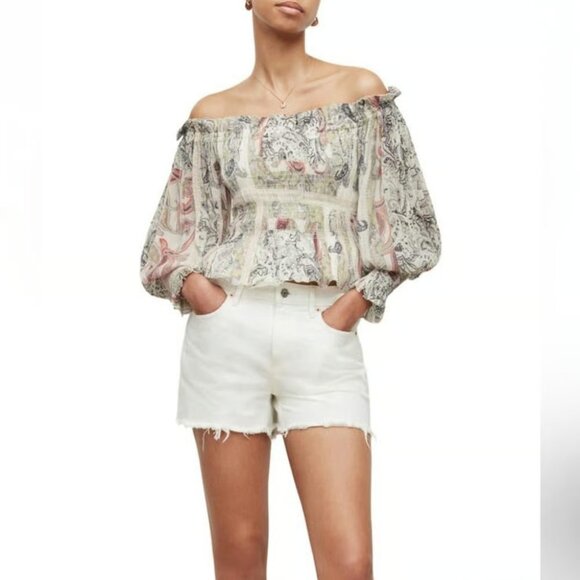AllSaints Gray Paisley Crepe Off-The-Shoulder Makutu Top, Size 2 US | 6 UK NWT - Picture 1 of 6